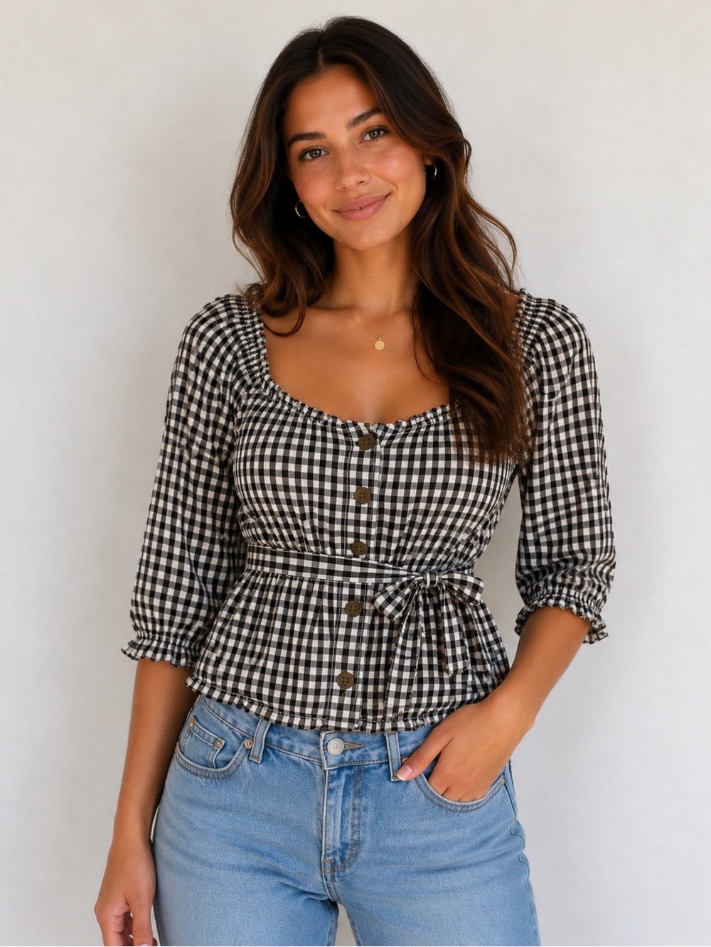 Abercrombie & Fitch Black and White Gingham Puff Sleeve Blouse